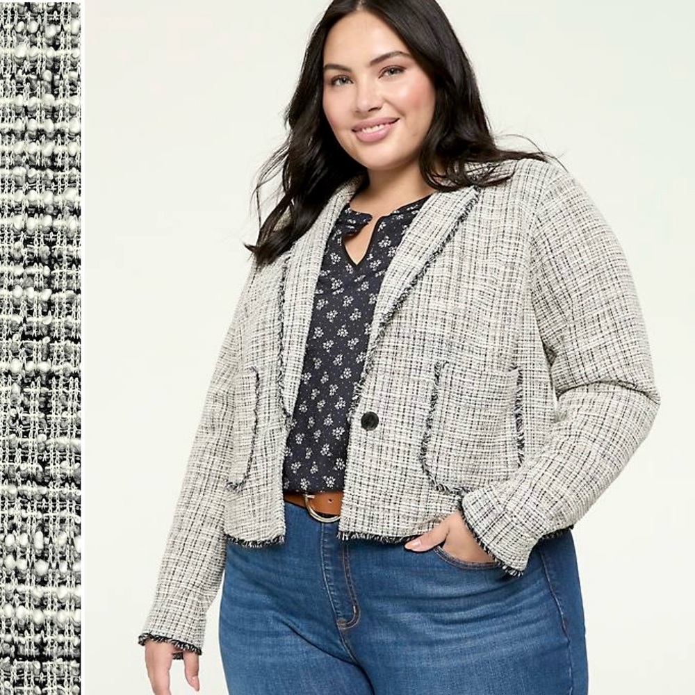 Lane Bryant Tweed Short Jacket Fringe Hem Long Sleeve with Buttons Cuff Pockets